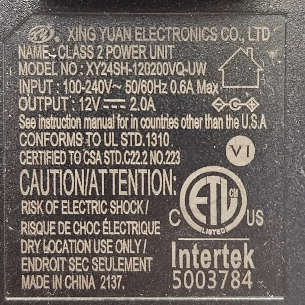 XINGYUAN CLASS 2 POWER UNIT INTERTEK 12.0V 1.5A MODEL: XY24SH-120150VQ-UT